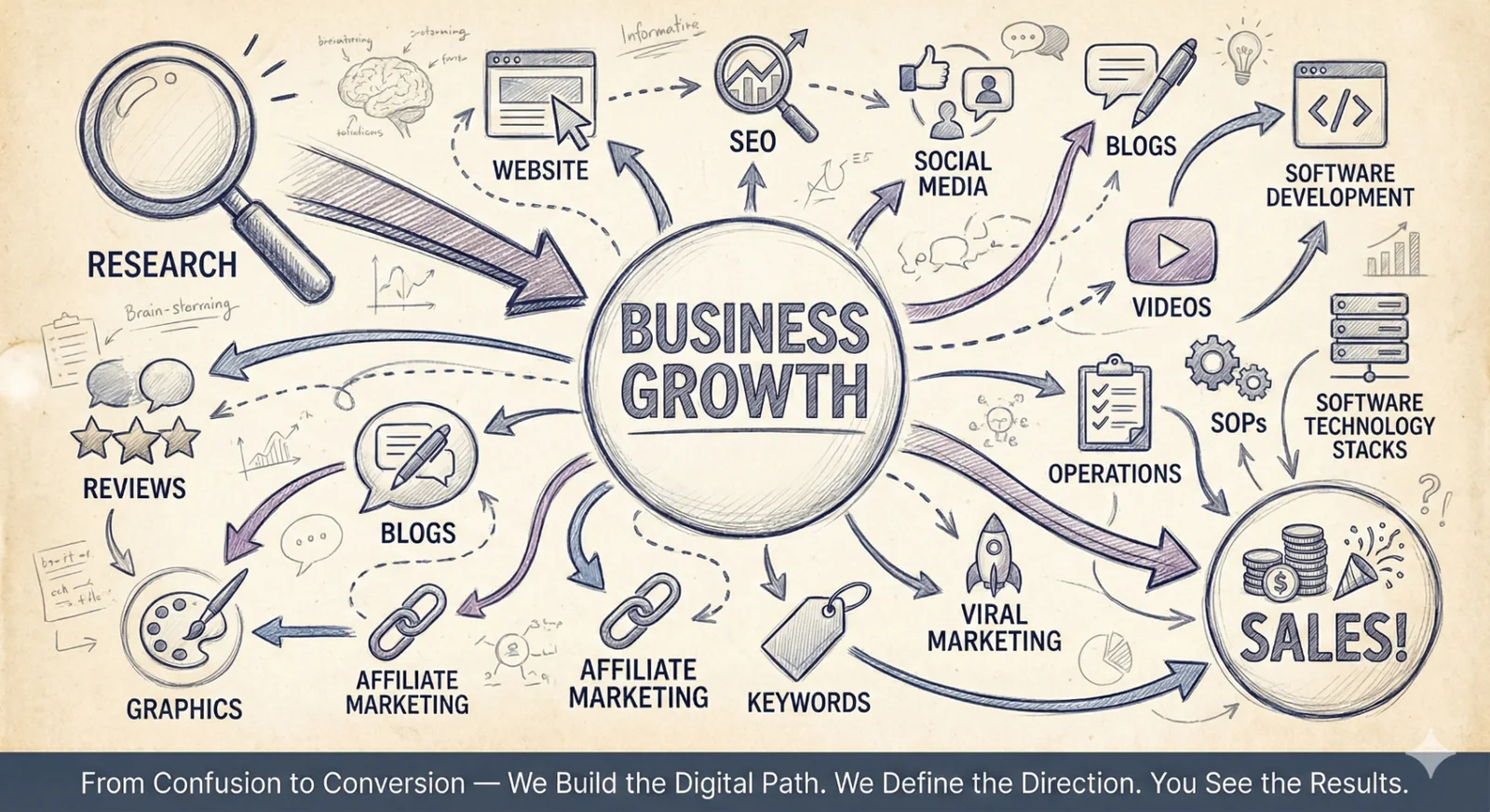 Business growth mindmap covering research, website, SEO, software development, operations and sales